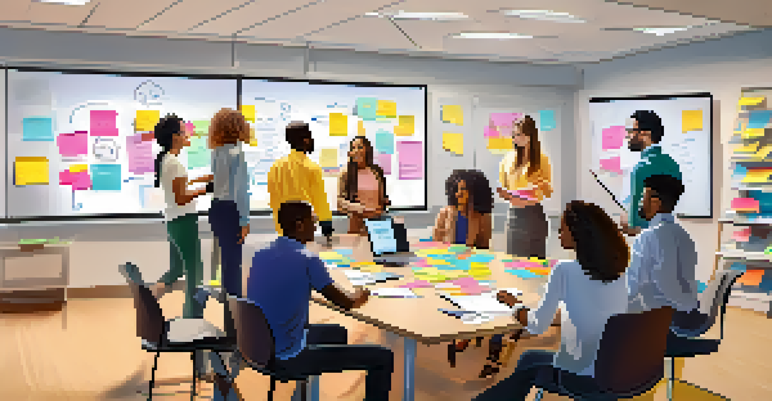 A diverse group of interns engaging in a brainstorming session in a bright conference room with sticky notes and laptops.