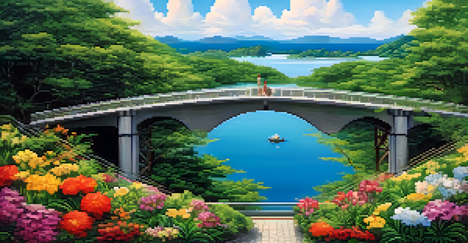 A beautiful landscape showing two islands connected by a bridge under a clear sky.