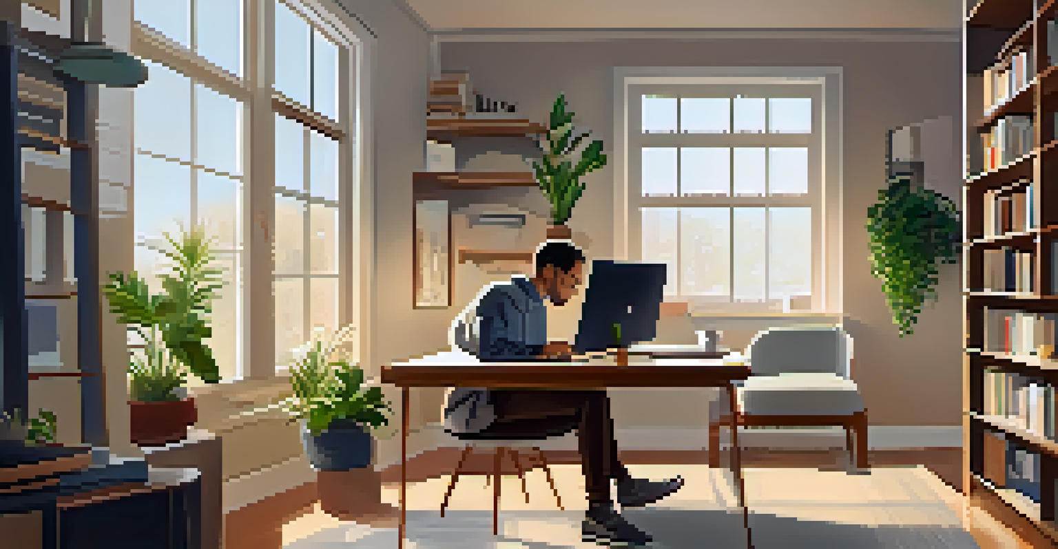 A person working from home at a stylish desk with a laptop and coffee.