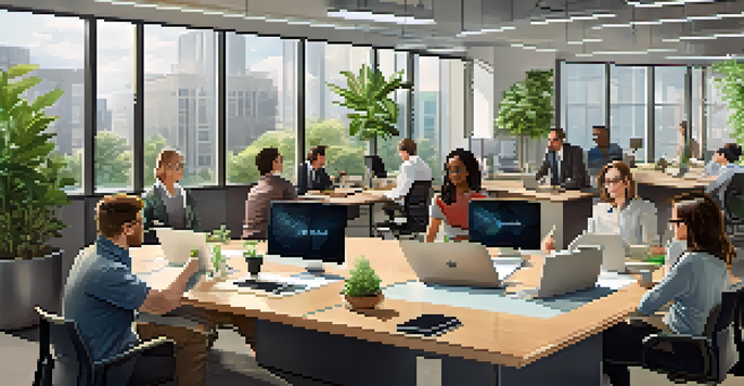 A diverse team of professionals collaborating in a bright, modern office filled with natural light and greenery, focusing on teamwork and innovation.