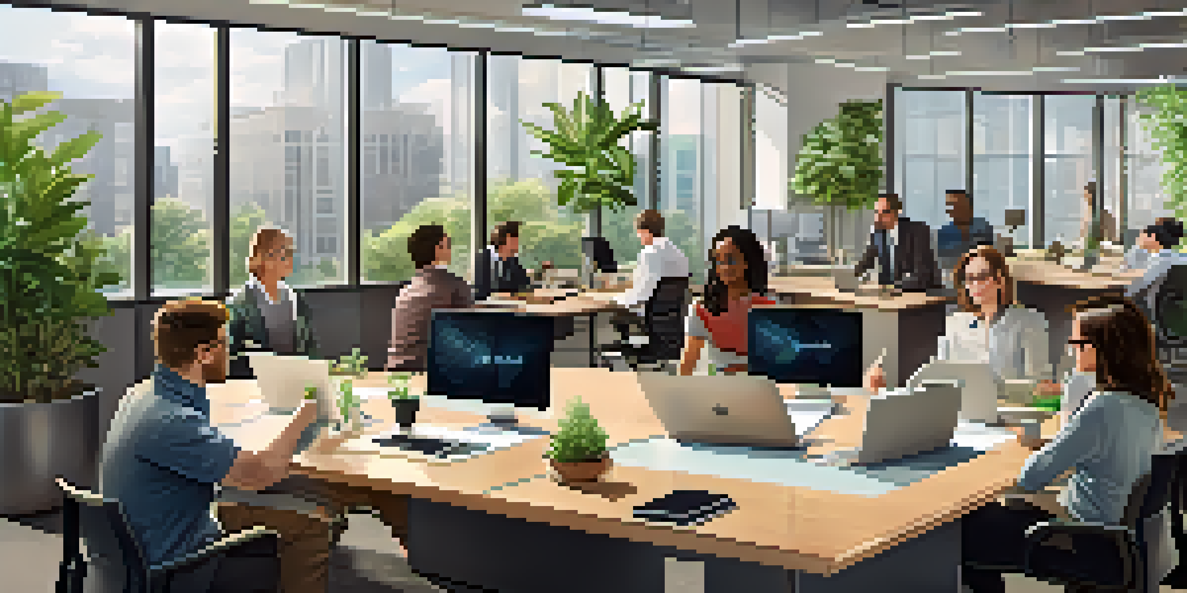 A diverse team of professionals collaborating in a bright, modern office filled with natural light and greenery, focusing on teamwork and innovation.