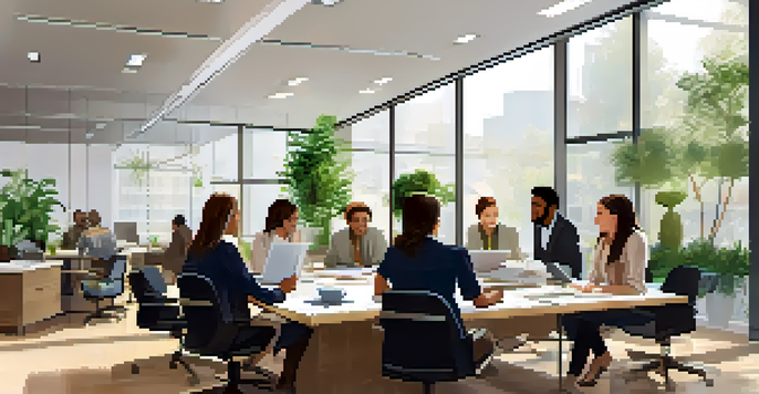 A diverse group of professionals engaged in a collaborative discussion in a bright modern office with large windows and plants.