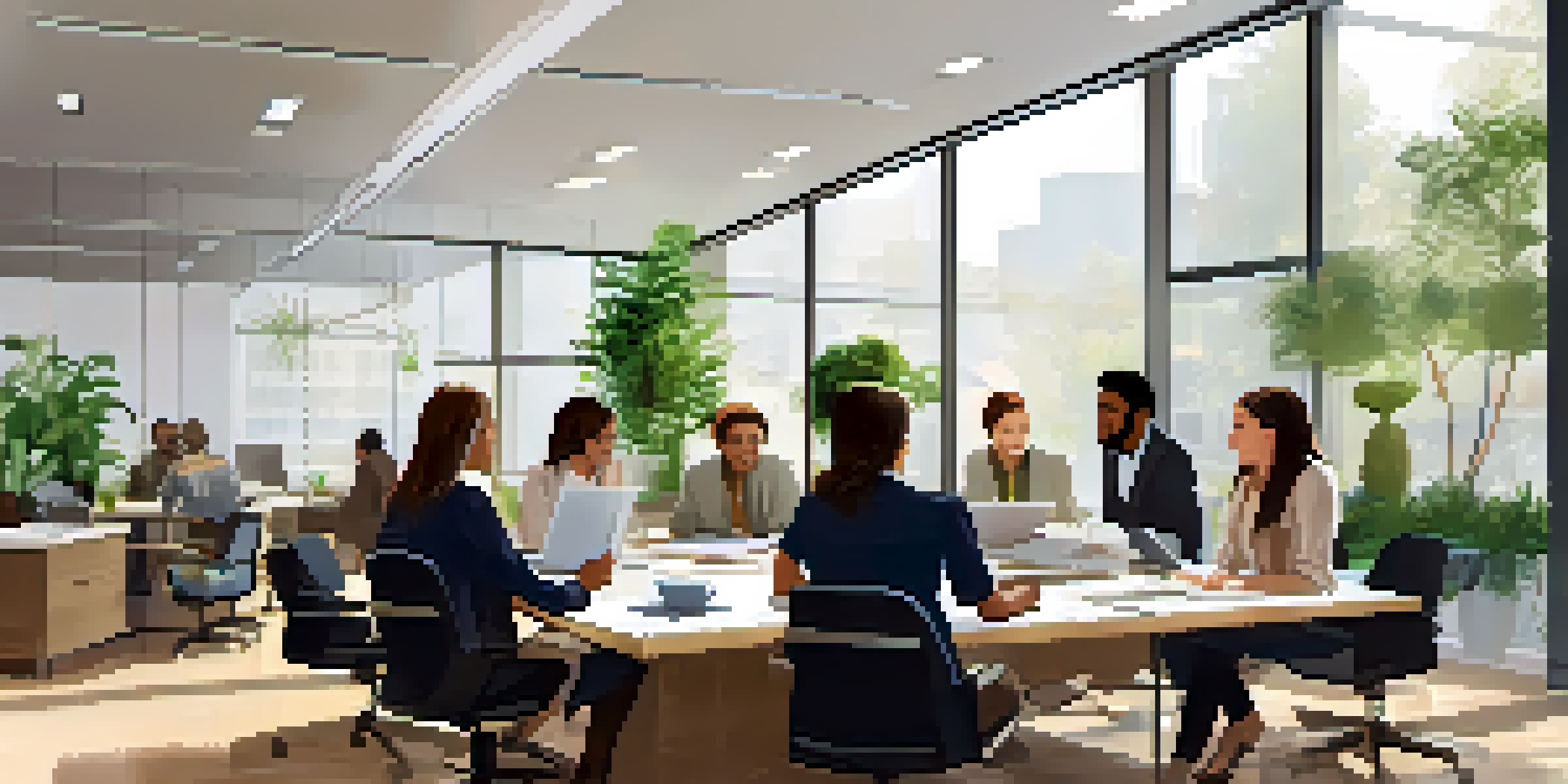 A diverse group of professionals engaged in a collaborative discussion in a bright modern office with large windows and plants.