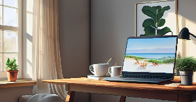 A cozy home office with a laptop, notepad, and coffee cup on a desk, illuminated by natural light.