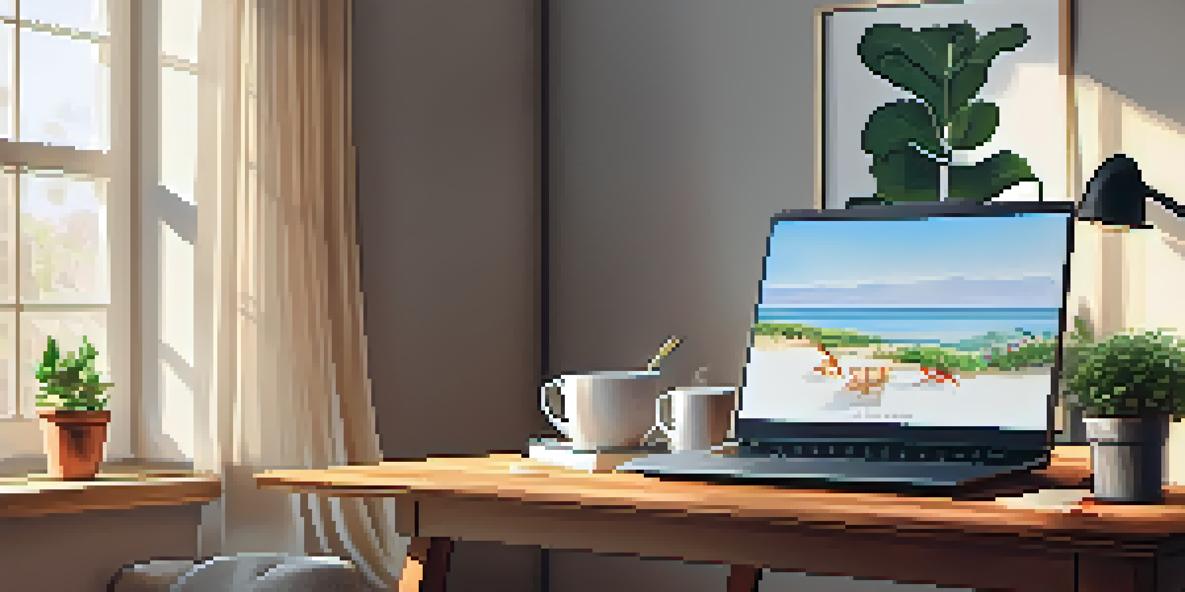 A cozy home office with a laptop, notepad, and coffee cup on a desk, illuminated by natural light.