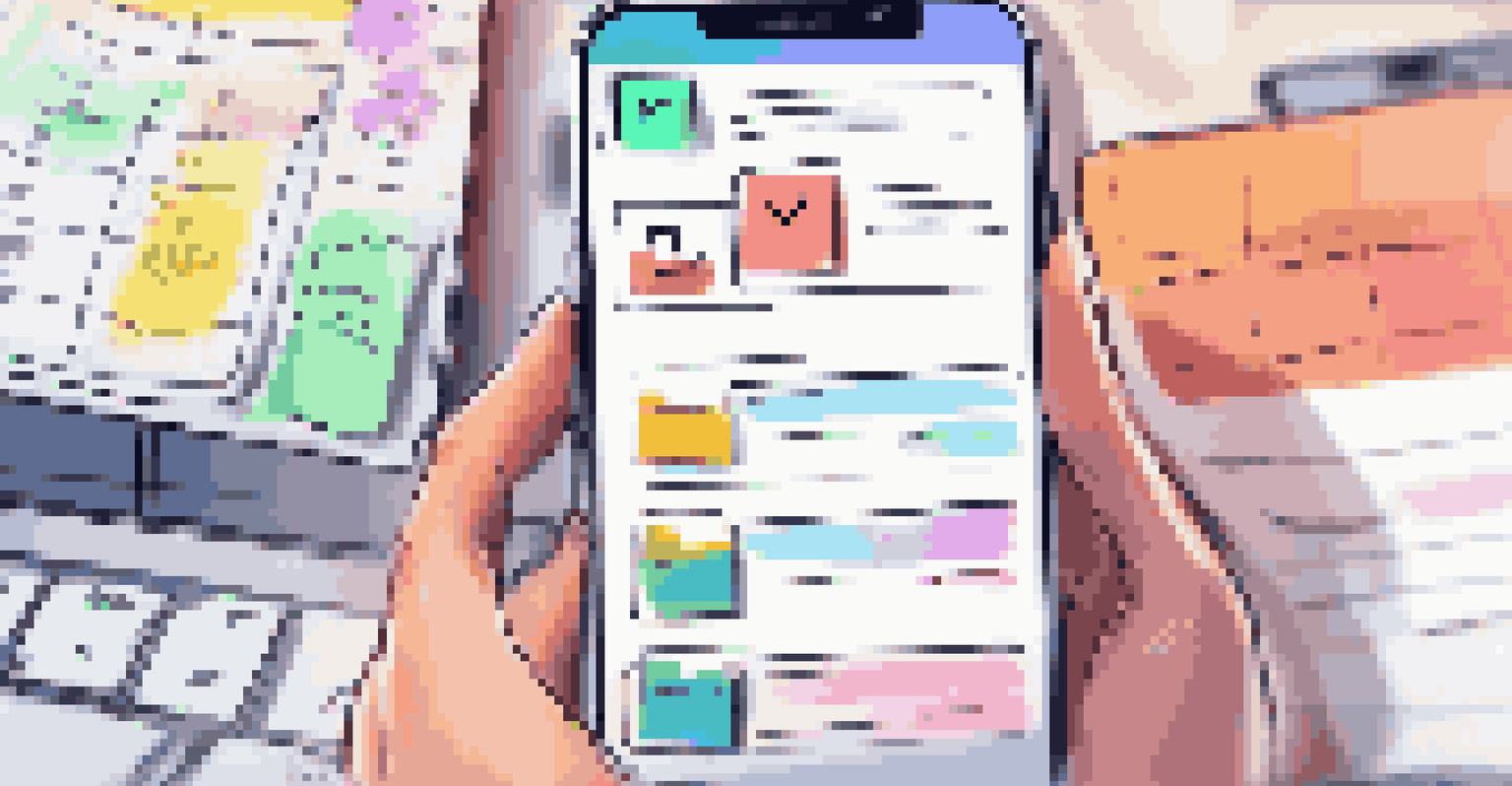 A smartphone displaying a task management app with colorful lists, set against a blurred busy workspace.