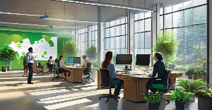 A diverse group of professionals collaborating in a bright modern office with plants and digital screens.