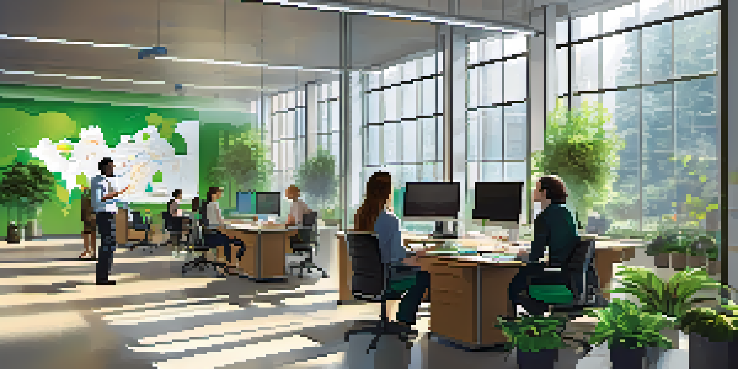 A diverse group of professionals collaborating in a bright modern office with plants and digital screens.