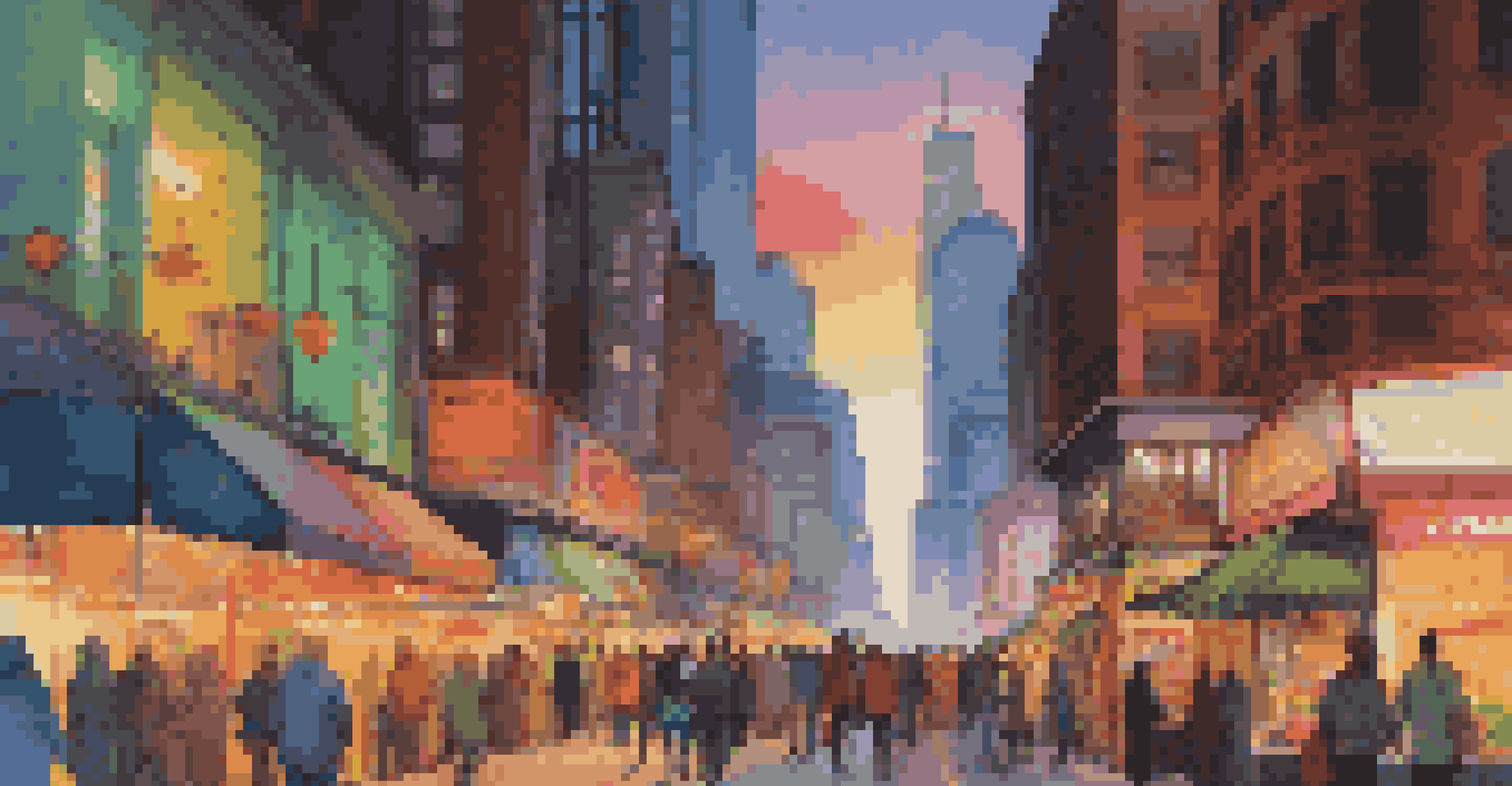 A lively city street at dusk with neon lights, diverse people, and a street market, creating a vibrant urban atmosphere.