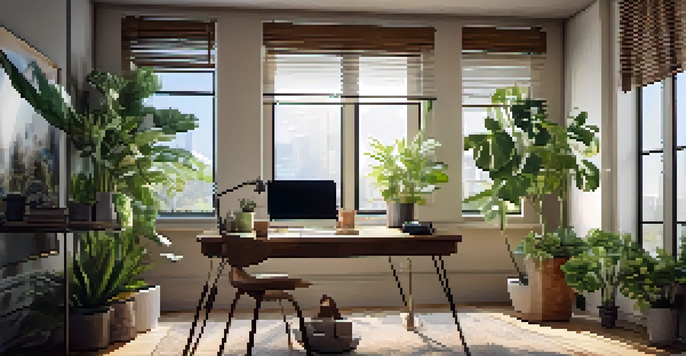 A cozy home office with a wooden desk, laptop, plants, and natural light.