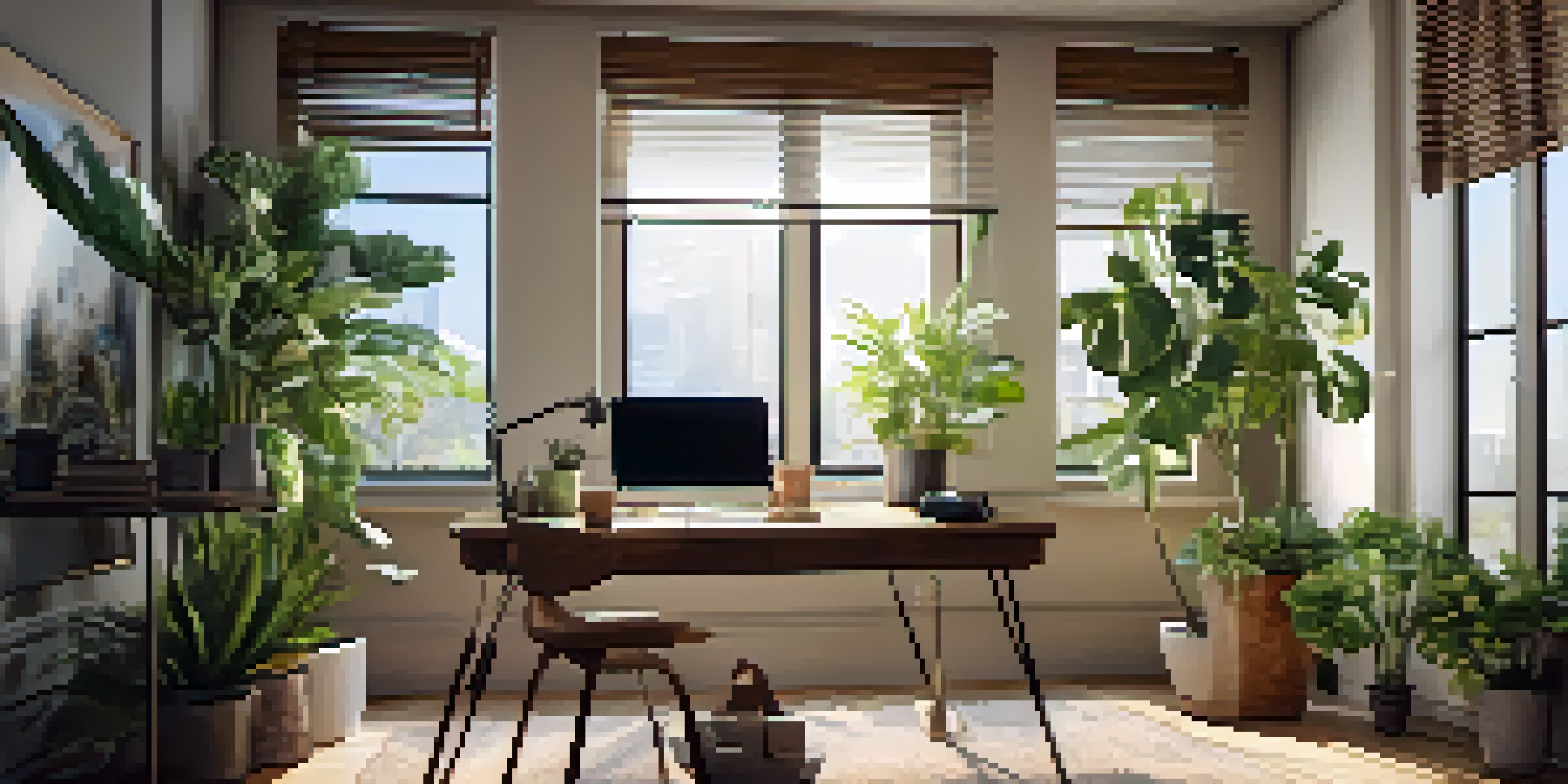 A cozy home office with a wooden desk, laptop, plants, and natural light.