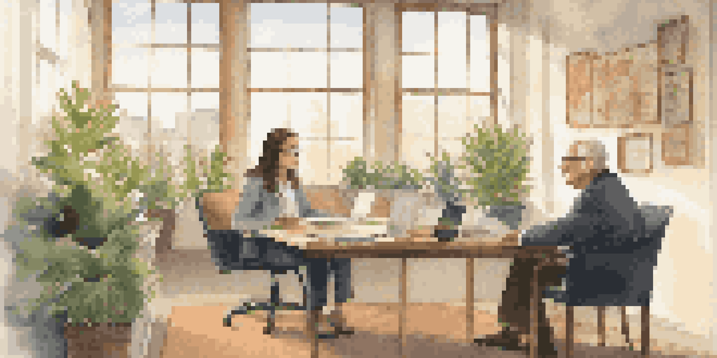A mentor and mentee engaged in a discussion in a bright office, with motivational quotes on the walls.