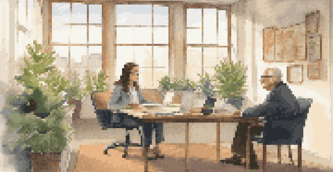 A mentor and mentee engaged in a discussion in a bright office, with motivational quotes on the walls.