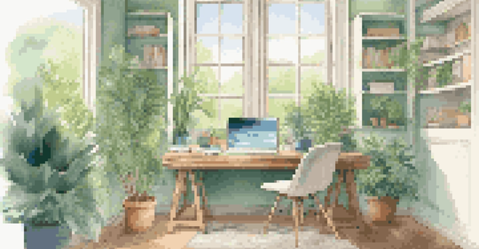 A bright office workspace with a desk, laptop, and a view of a green park outside the window.