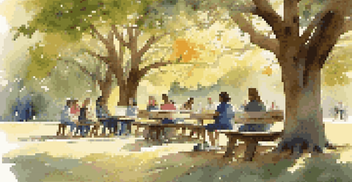A peaceful outdoor classroom with adult learners discussing under a large oak tree, illuminated by golden sunlight.