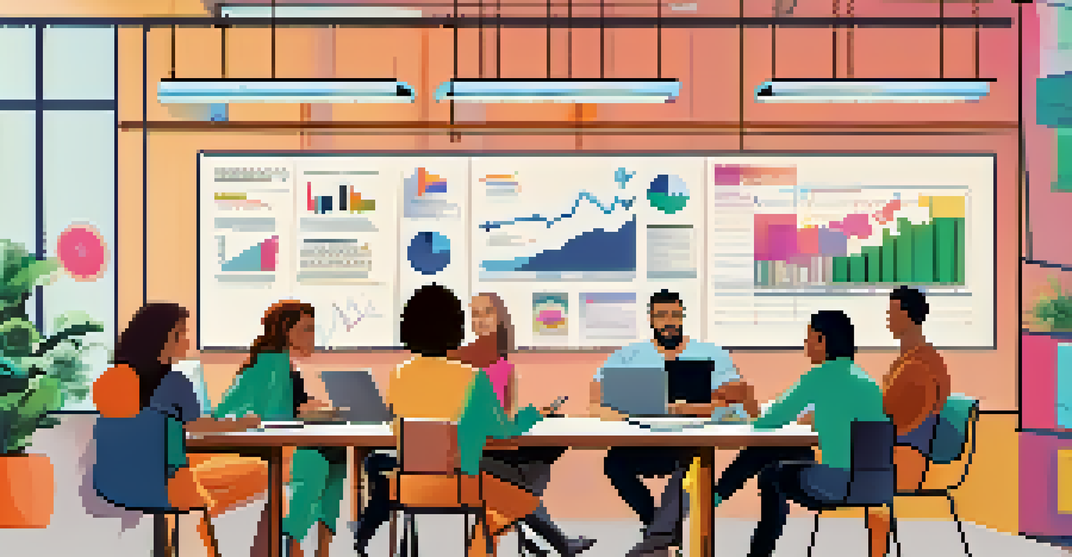 A diverse group of young professionals discussing their career paths around a table, surrounded by notebooks, laptops, and colorful charts in a modern office.