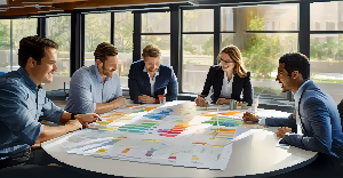 A diverse team collaborating in a bright conference room, discussing ideas with enthusiasm around a large table.
