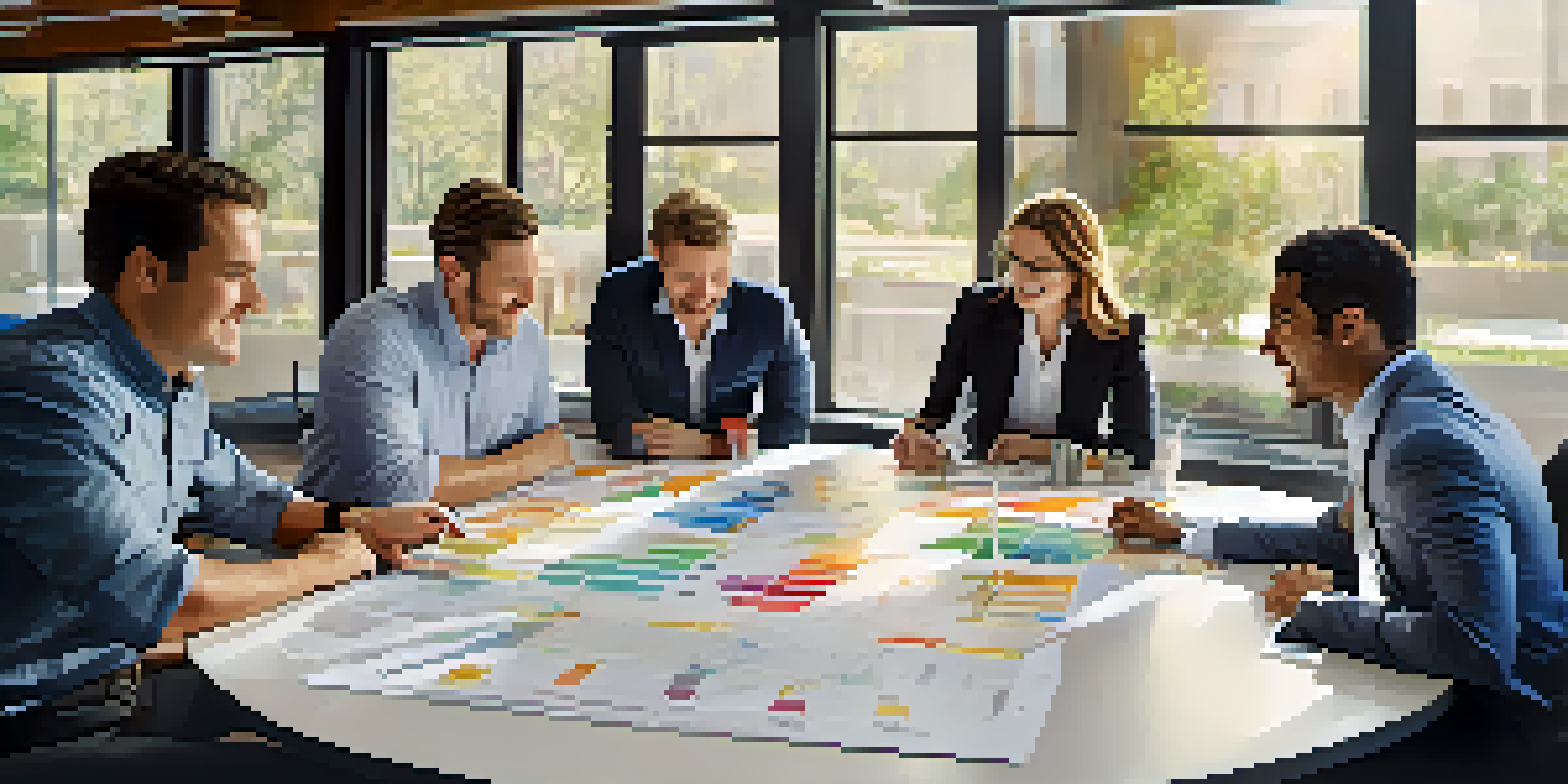 A diverse team collaborating in a bright conference room, discussing ideas with enthusiasm around a large table.