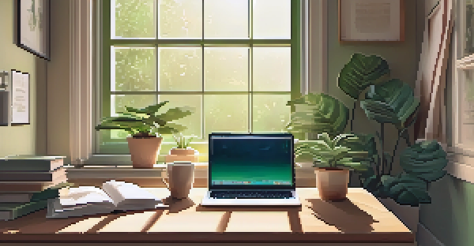 A cozy home office with a modern desk, laptop, books, and coffee. Sunlight shines through the window onto a plant and a poster.