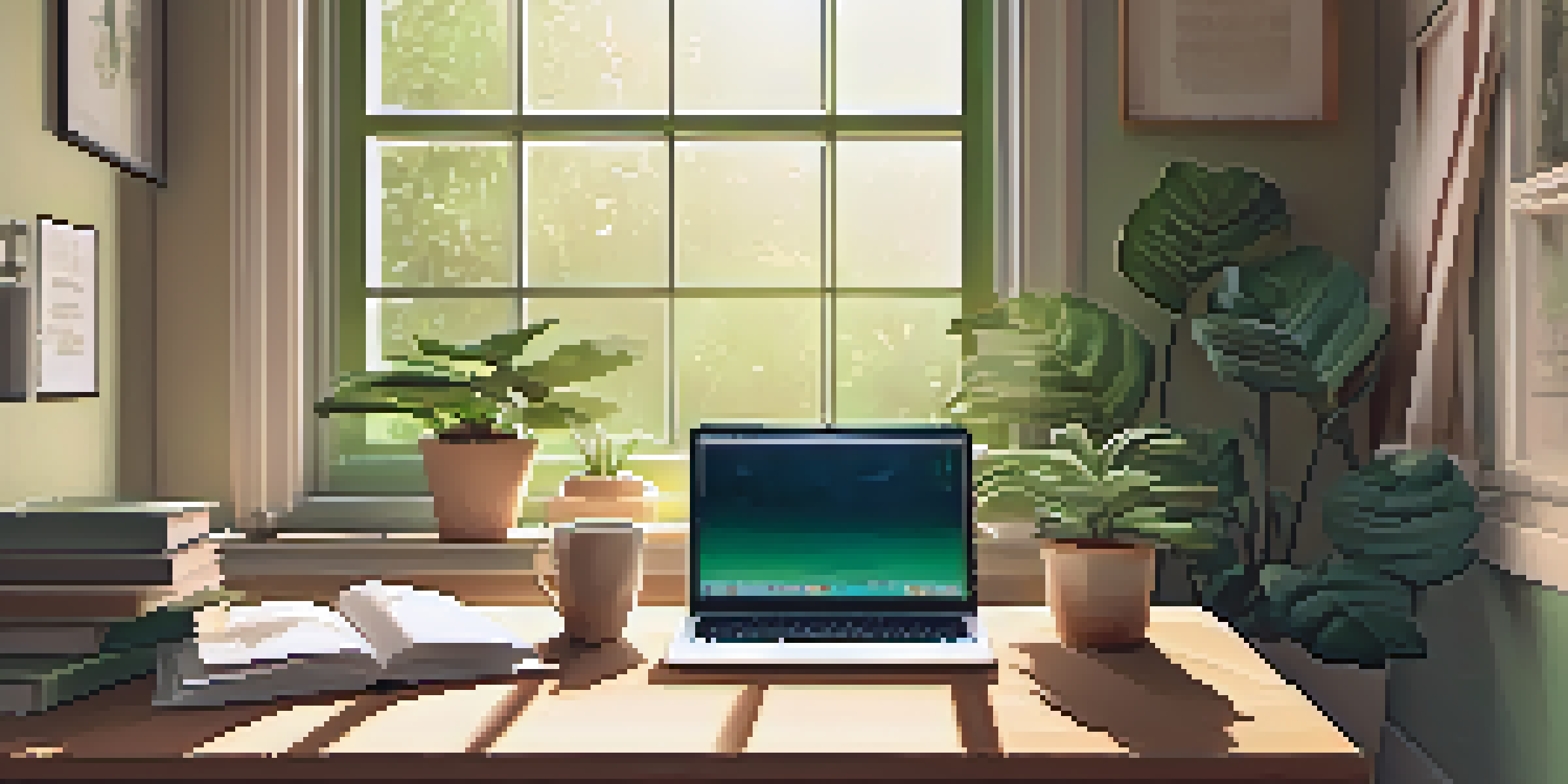 A cozy home office with a modern desk, laptop, books, and coffee. Sunlight shines through the window onto a plant and a poster.