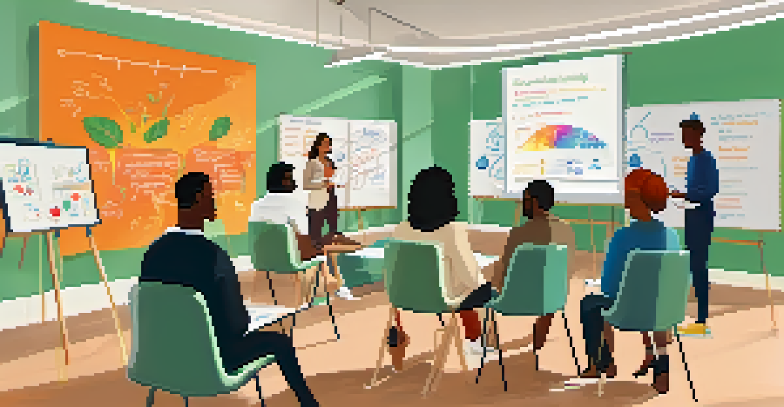 A mental health training workshop in a bright room with a facilitator and engaged participants, emphasizing education and awareness.