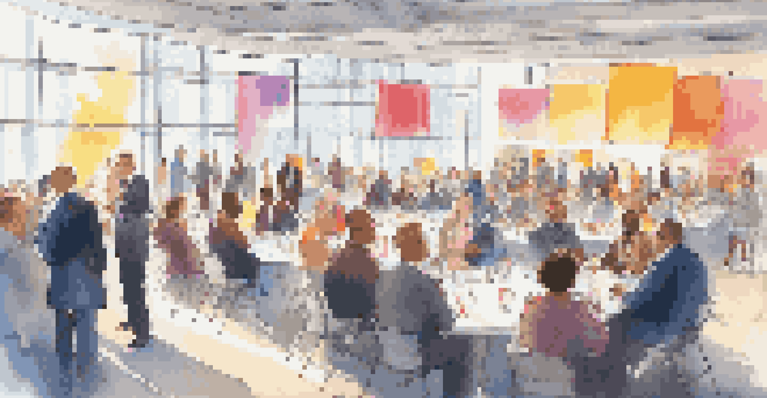 A lively conference with diverse professionals engaging in discussions and networking.