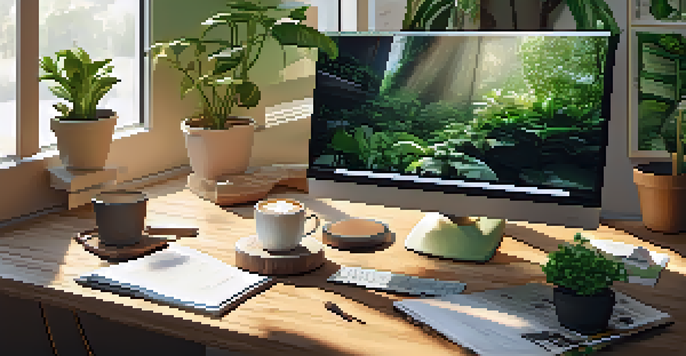 A bright and inviting workspace featuring a wooden desk with a laptop, coffee cup, and plants, illuminated by sunlight.