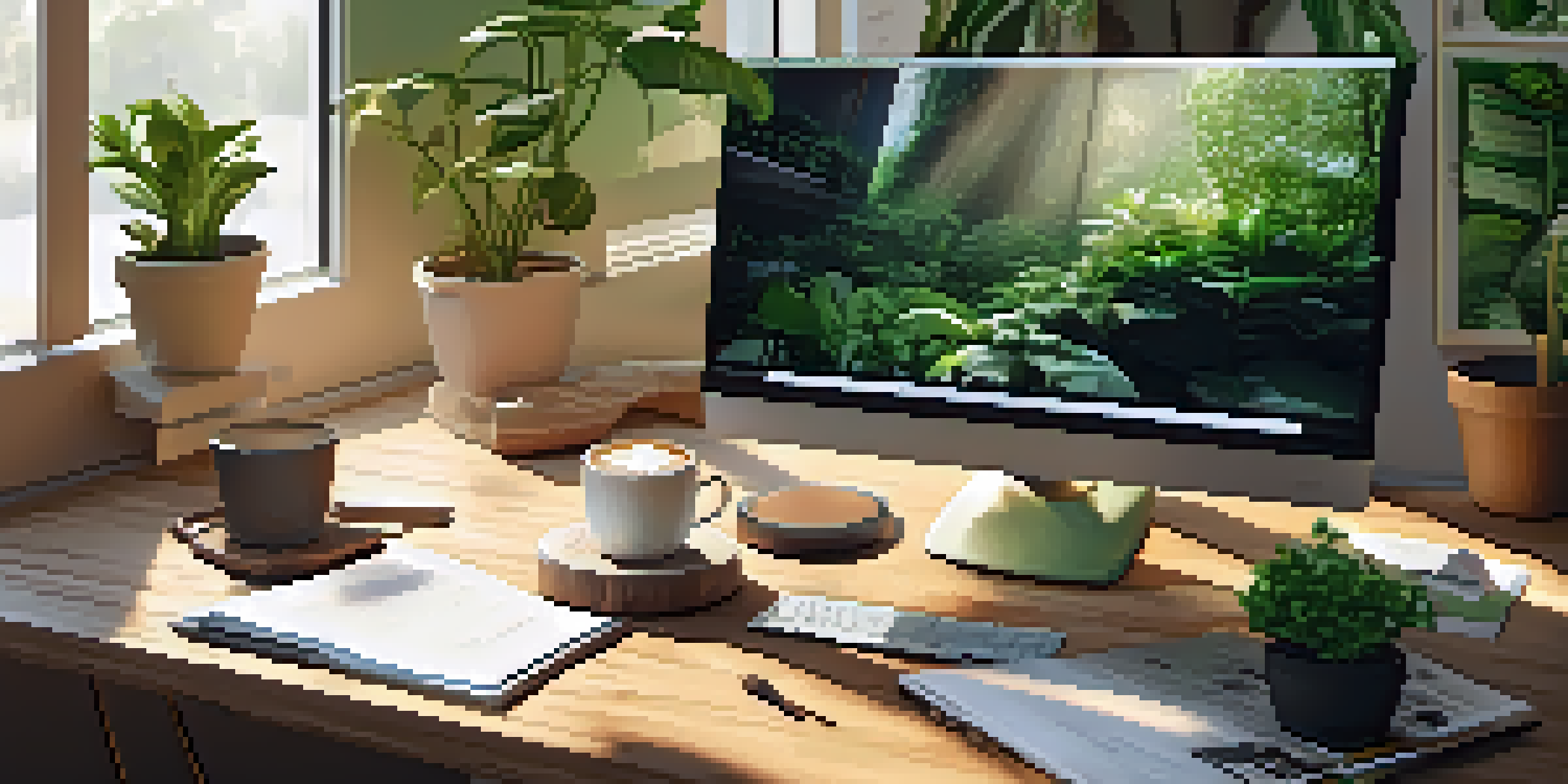 A bright and inviting workspace featuring a wooden desk with a laptop, coffee cup, and plants, illuminated by sunlight.