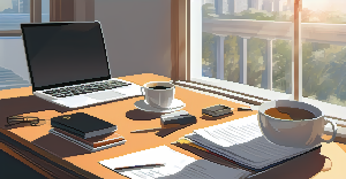 An organized office desk with a laptop, notepad, and a steaming cup of coffee, symbolizing career planning.