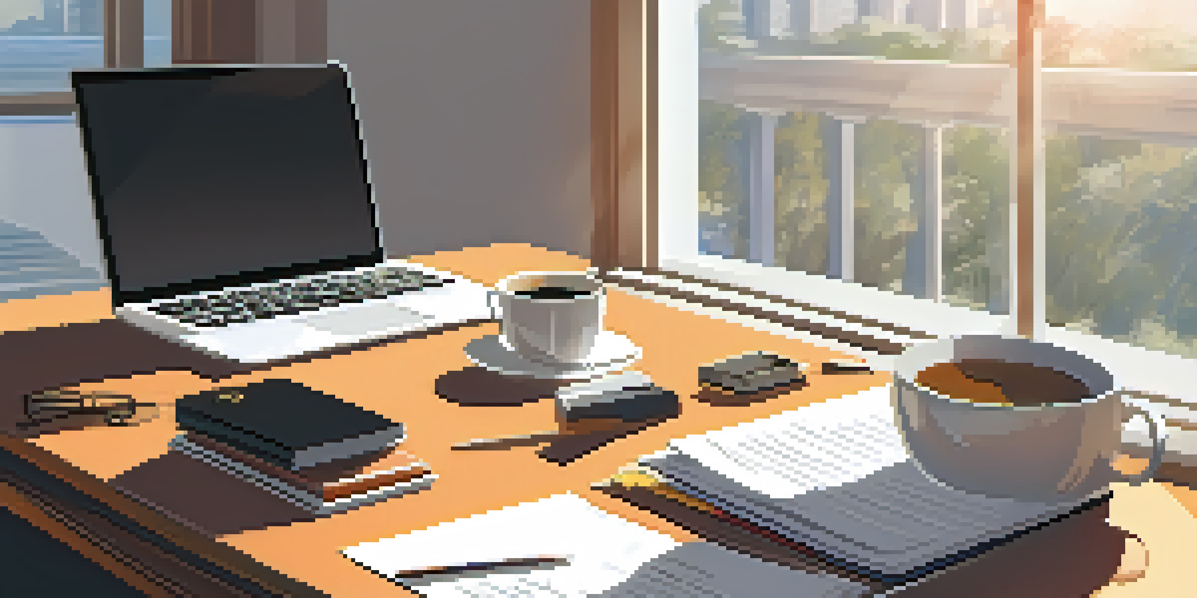 An organized office desk with a laptop, notepad, and a steaming cup of coffee, symbolizing career planning.