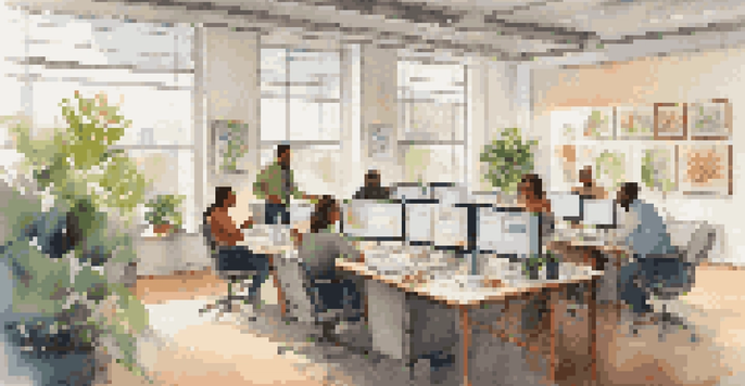 A diverse group of employees working together in a bright office space, surrounded by plants and colorful art.