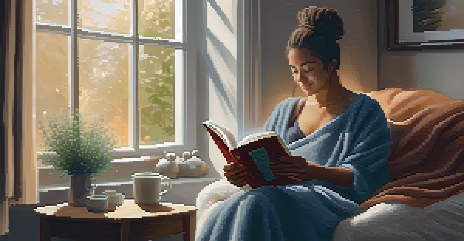 A person relaxing in a cozy nook, reading a book with tea, surrounded by soft lighting and a blanket.