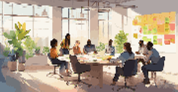 A diverse team brainstorming around a conference table with sticky notes and a digital screen, illuminated by sunlight.