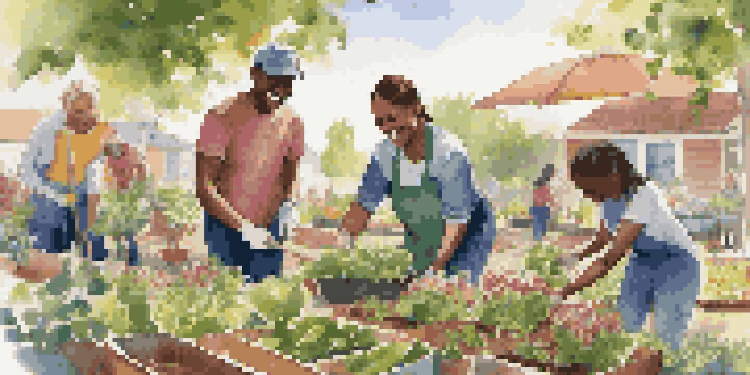 A group of diverse volunteers planting flowers and vegetables in a community garden under bright sunlight, with smiles on their faces.