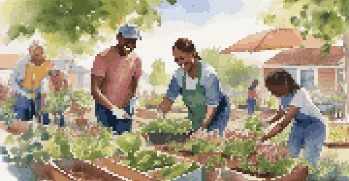 A group of diverse volunteers planting flowers and vegetables in a community garden under bright sunlight, with smiles on their faces.