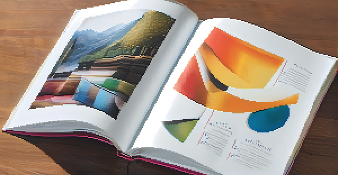 A close-up view of an open portfolio book displaying colorful graphic design projects against a blurred background.