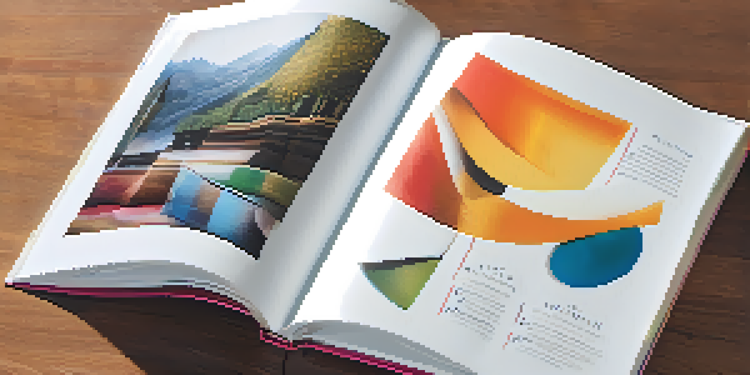 A close-up view of an open portfolio book displaying colorful graphic design projects against a blurred background.