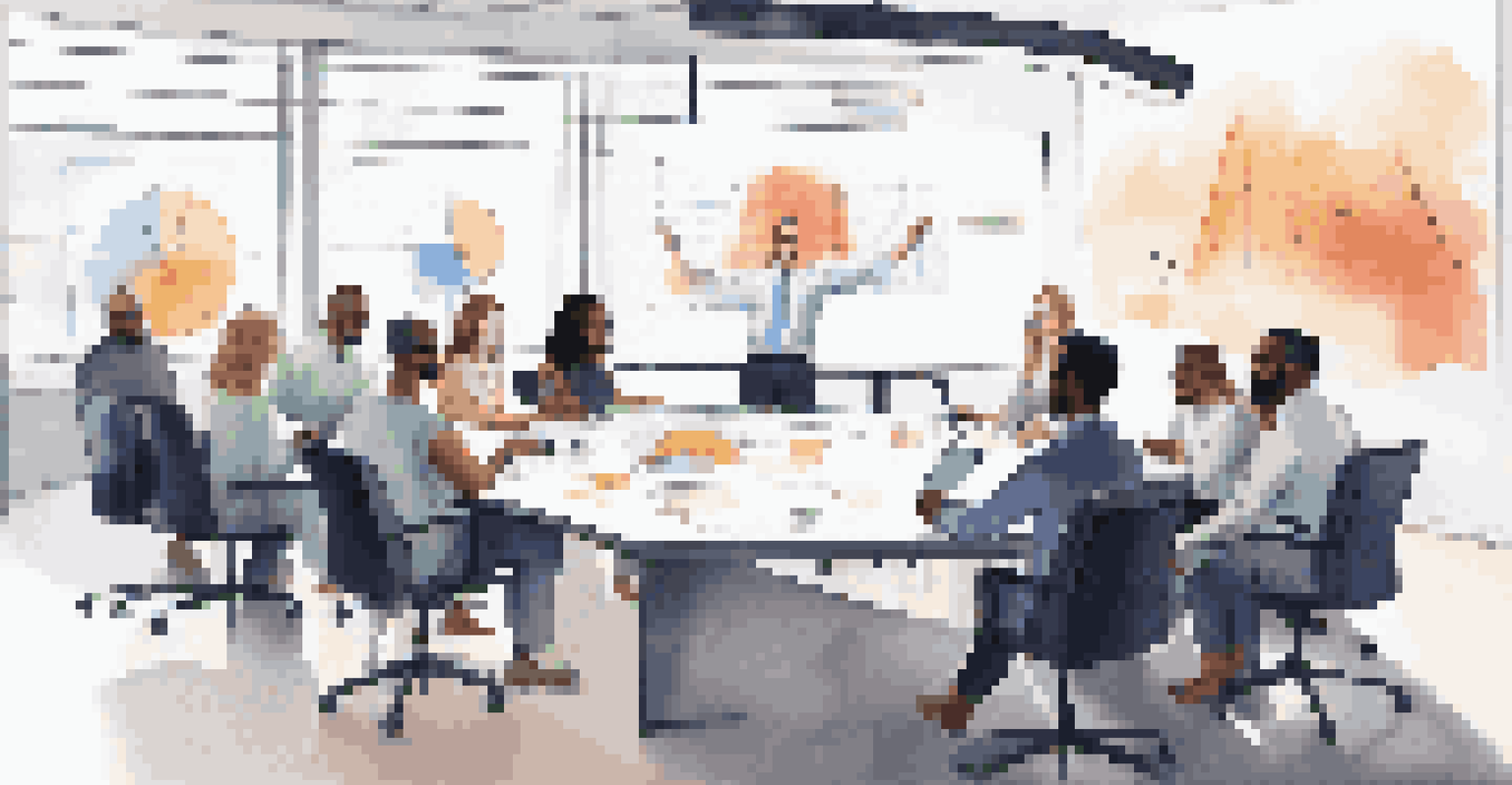A diverse group of professionals in a bright meeting room, collaborating and sharing ideas around a conference table.