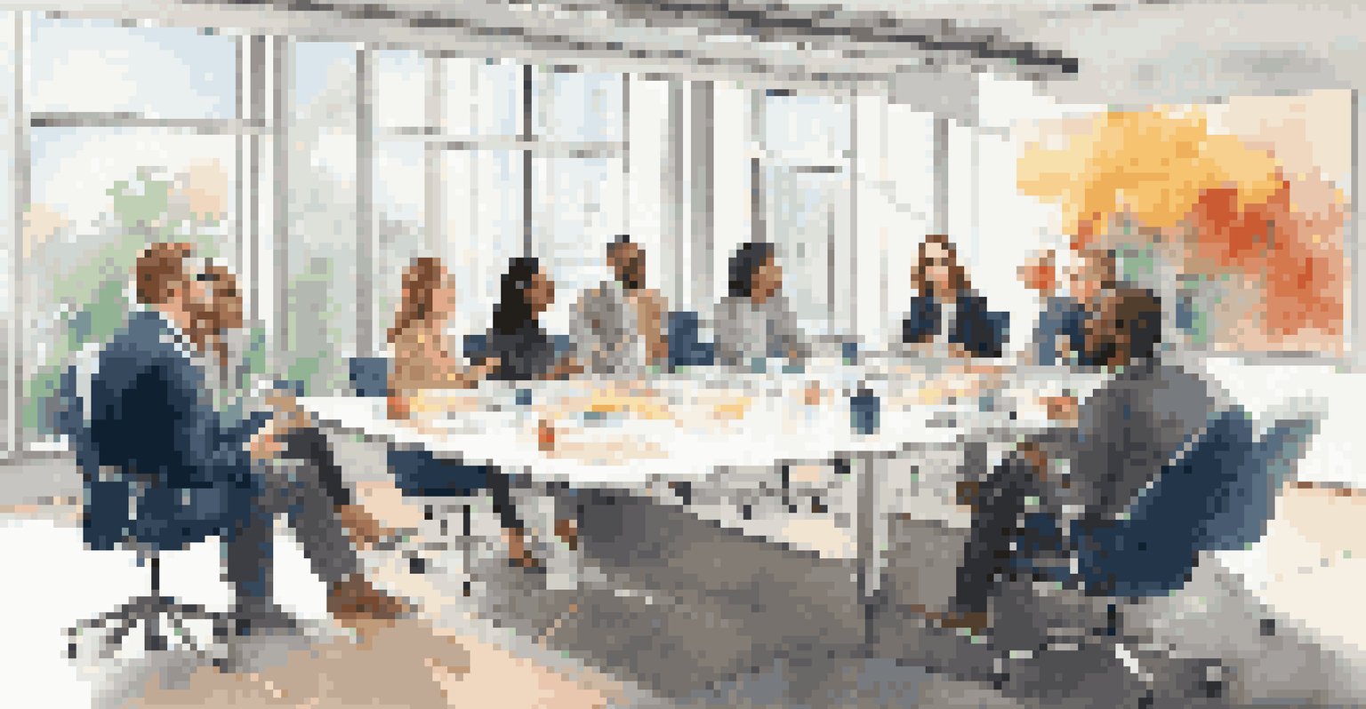 A group of diverse professionals discussing around a conference table, showcasing empathy and collaboration.