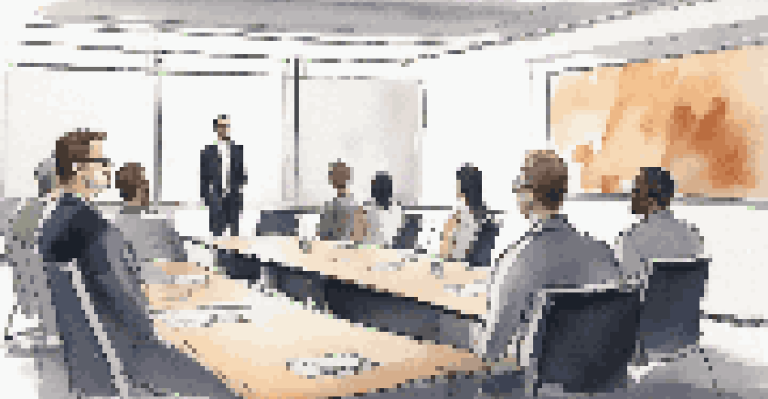 A young professional asking questions in a conference room, with colleagues engaged in discussion.