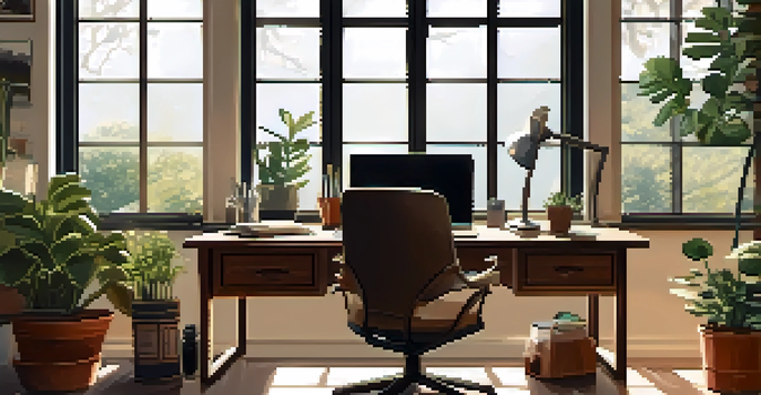 A tranquil home office with a wooden desk, laptop, plants, and soft morning light.