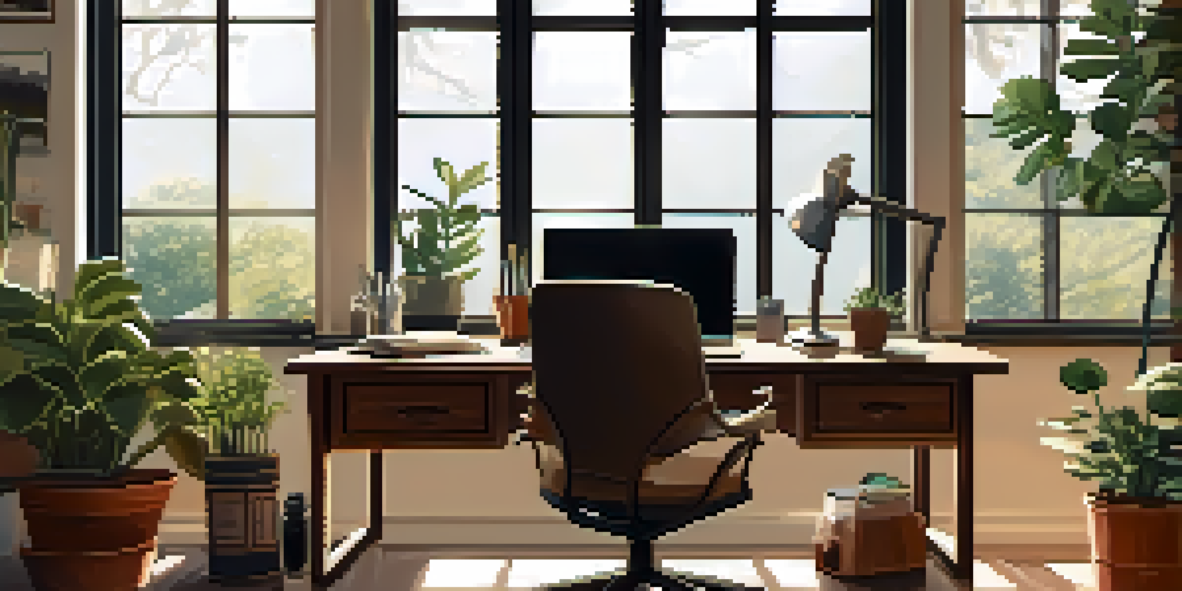 A tranquil home office with a wooden desk, laptop, plants, and soft morning light.