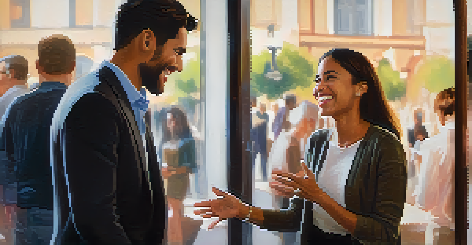 Close-up of two professionals engaged in a lively networking conversation, showcasing their expressive body language and warm smiles.