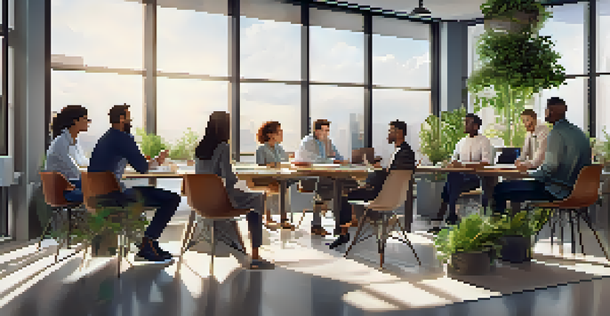 A bright office space with employees of different backgrounds discussing around a round table, surrounded by plants and motivational decor.