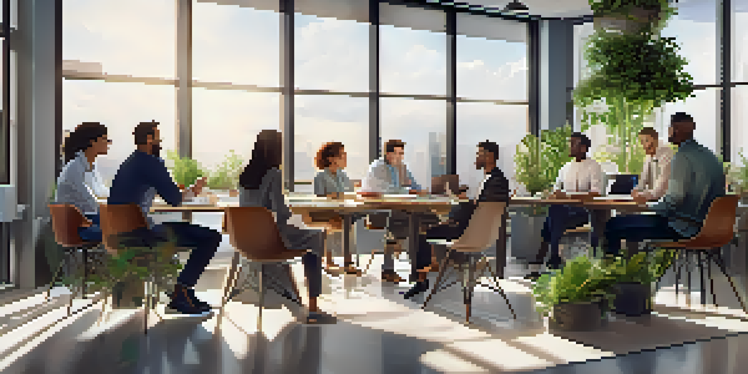 A bright office space with employees of different backgrounds discussing around a round table, surrounded by plants and motivational decor.