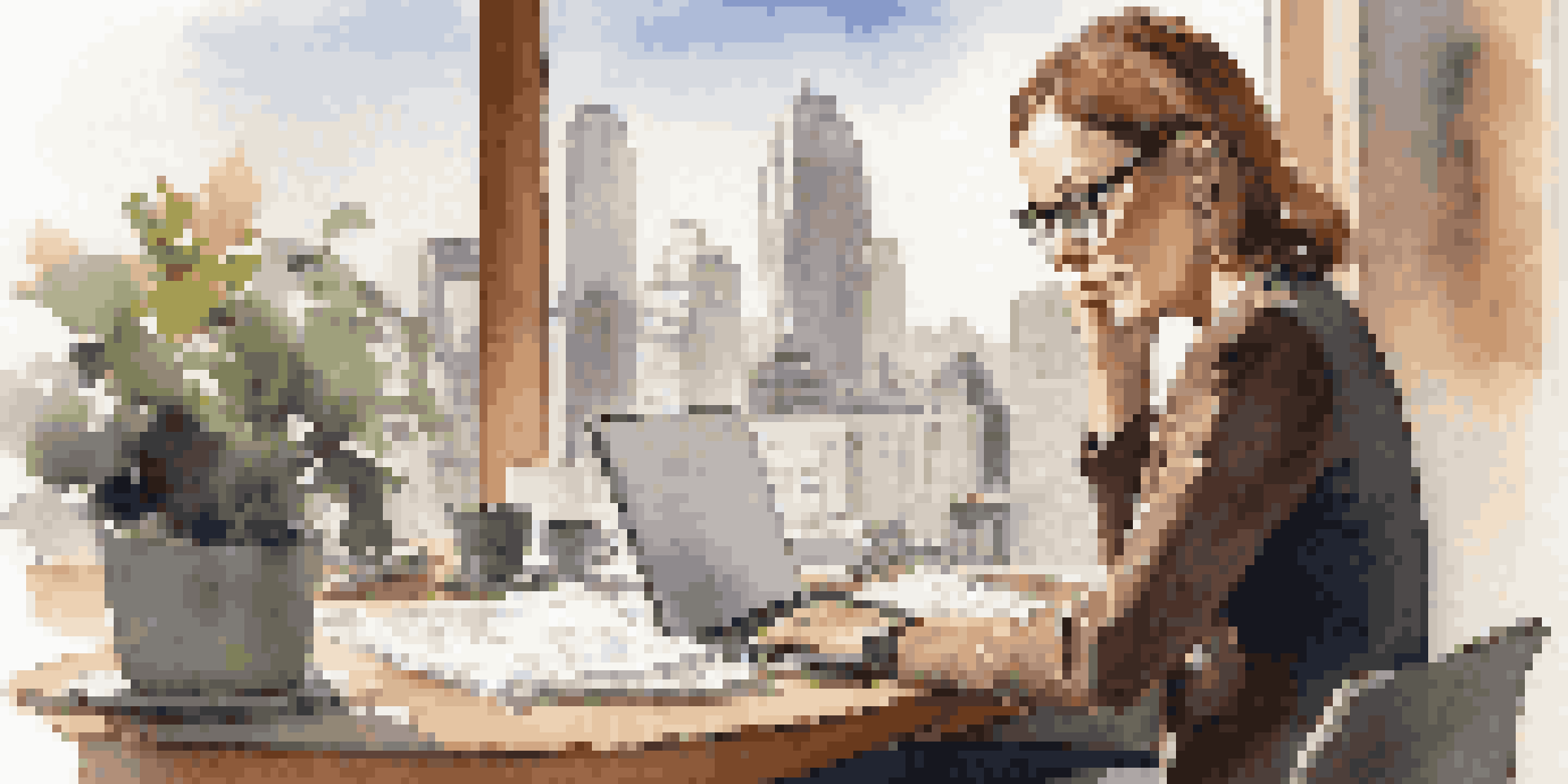 A professional woman at a desk, reviewing feedback notes with a laptop, in a bright office with a city view.