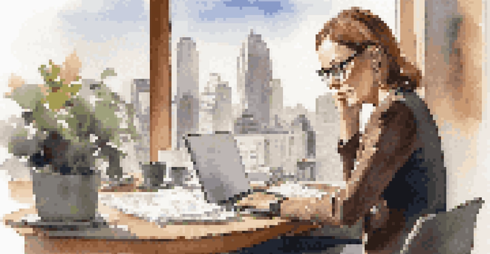 A professional woman at a desk, reviewing feedback notes with a laptop, in a bright office with a city view.