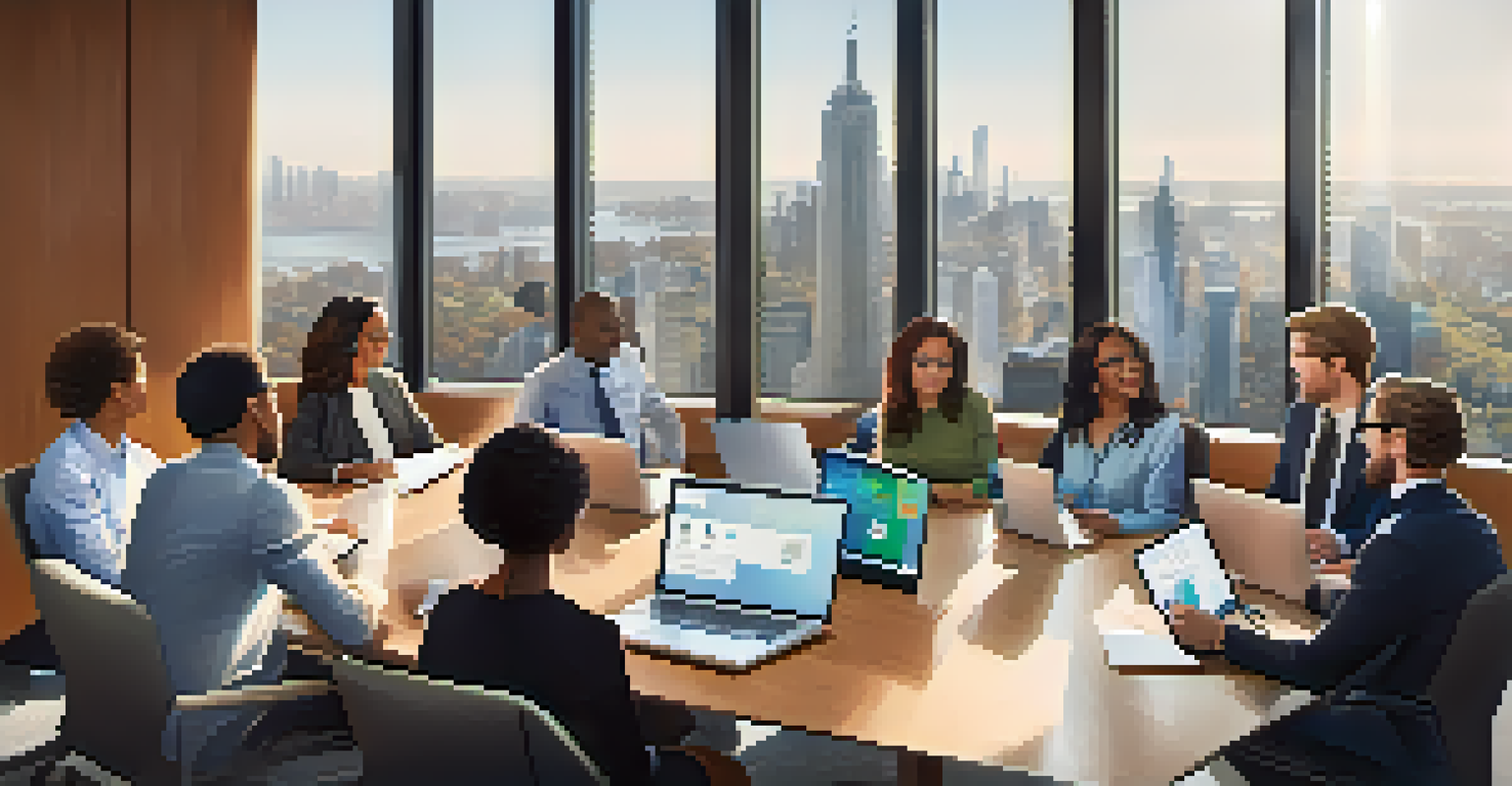 Diverse professionals discussing ideas at a modern conference table with a city skyline view.