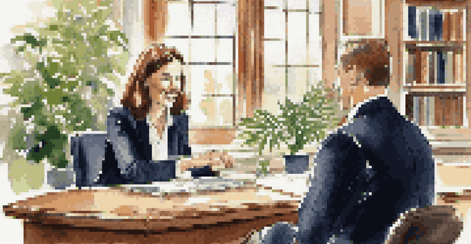 A professional job interview scene with an interviewer and interviewee at a table, surrounded by books and a plant.