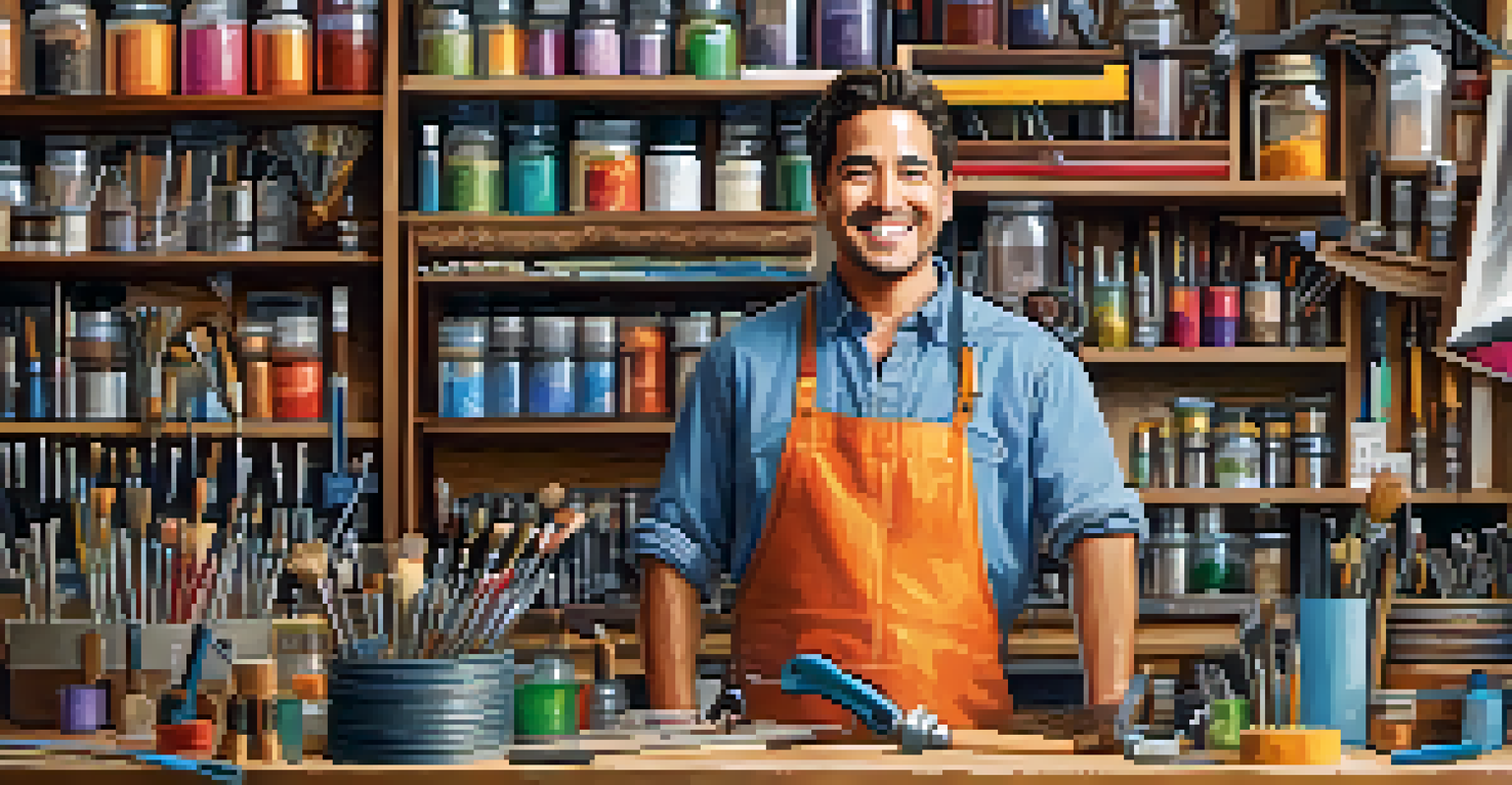An entrepreneur in a workshop, holding a prototype and surrounded by tools and creative materials.